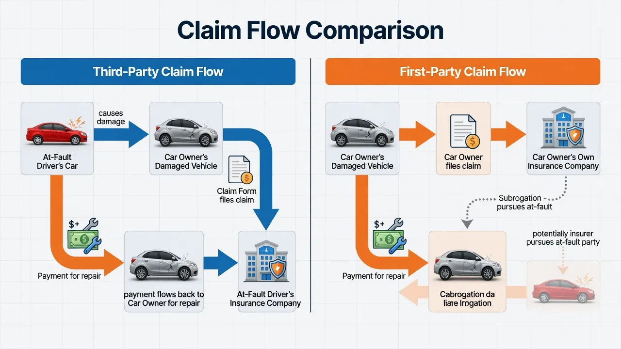 Two-panel diagram showing claim flow. Left panel: 'Third-Party Claim Flow' — shows At-Fault Driver's Car (with 'causes damage') → Car Owner's Damaged ...