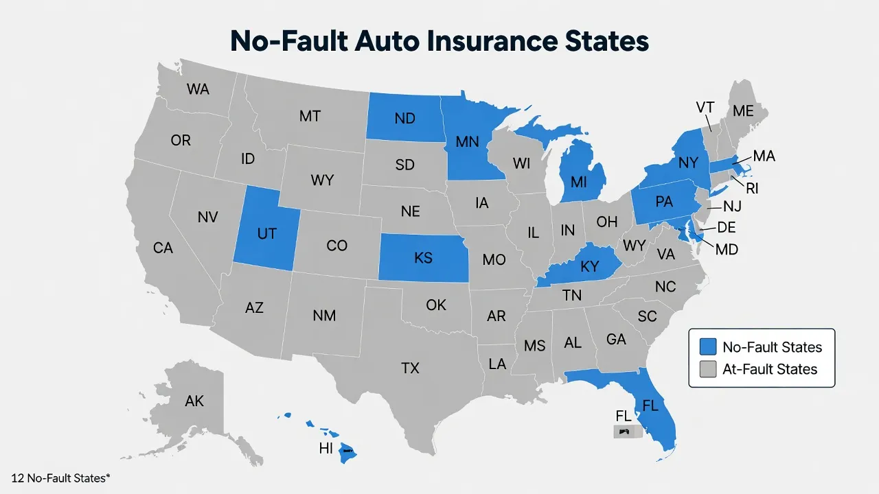 A simple US map highlighting the 12 no-fault states in a distinct color (Michigan, New York, New Jersey, Pennsylvania, Florida, Hawaii, Kansas, Kentuc...