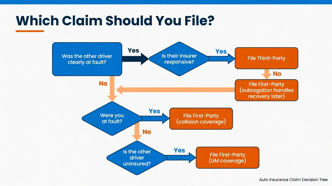 A clean decision tree flowchart titled 'Which Claim Should You File?' Starting node: 'Was the other driver clearly at fault?' → Yes branch: 'Is their ...