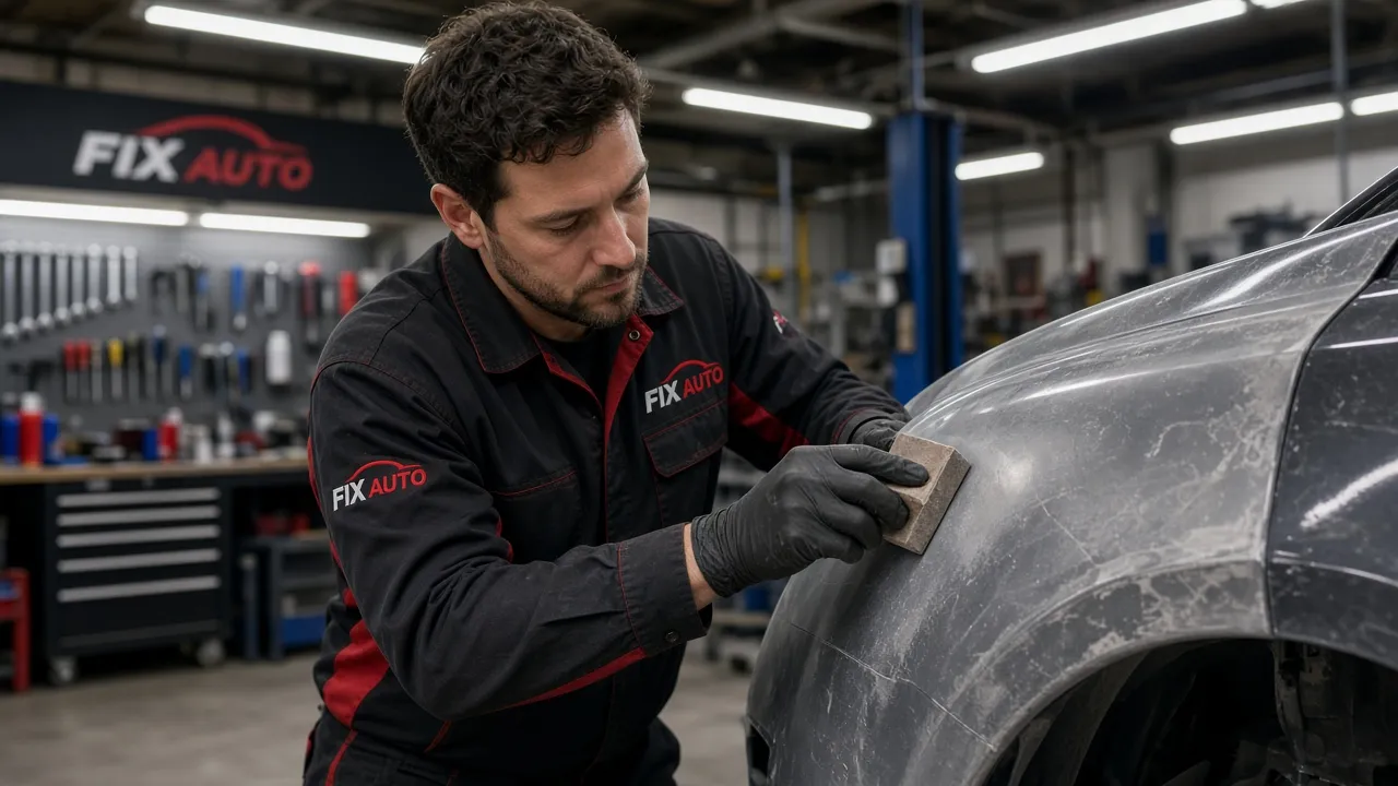 Auto body technician carefully sanding a repaired fender panel in a well-equipped repair bay