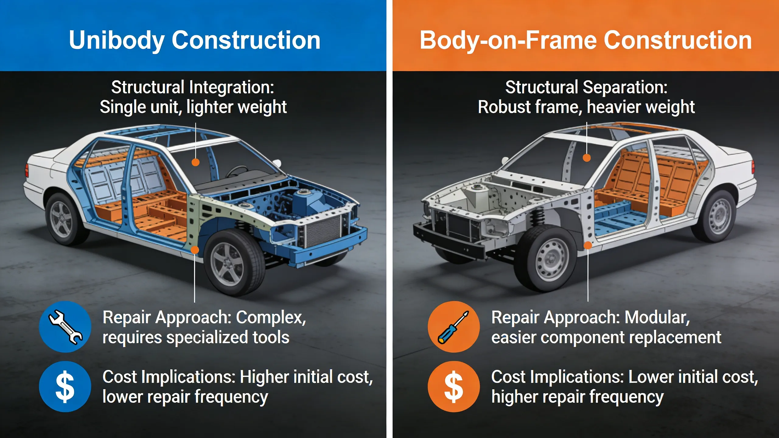Comparison of unibody versus body-on-frame vehicle construction and repair differences