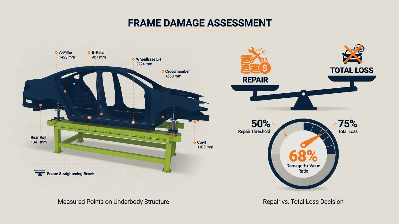 Infographic of frame damage assessment and the repair-versus-total-loss decision threshold
