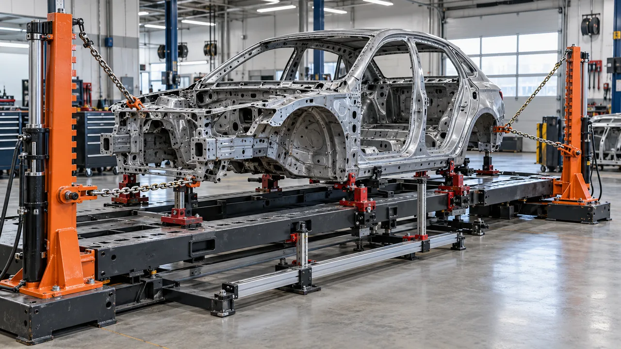 Stripped unibody shell clamped to a frame straightening bench with chains running to two orange hydraulic pulling towers