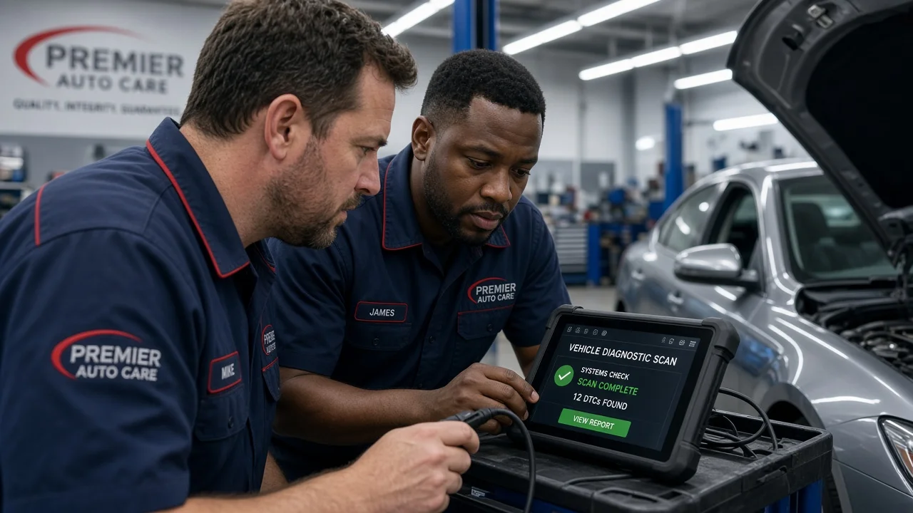 Technicians in matching branded uniforms working with diagnostic equipment in a corporate chain body shop