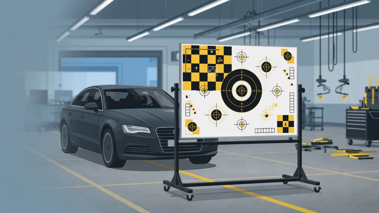 ADAS camera calibration target board set up in front of a sedan