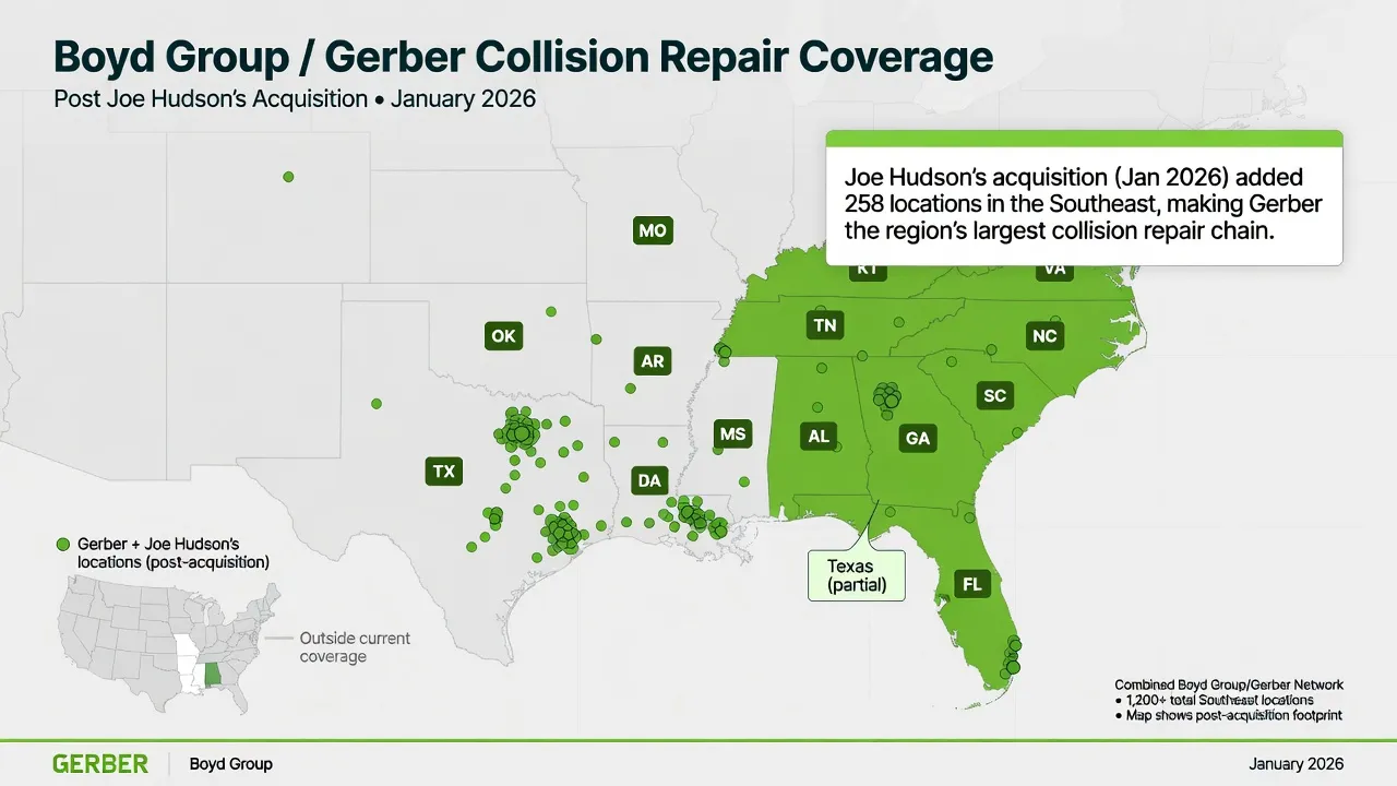 Clean infographic map of the southeastern United States showing the combined Boyd Group/Gerber coverage post-acquisition. States highlighted in green:...