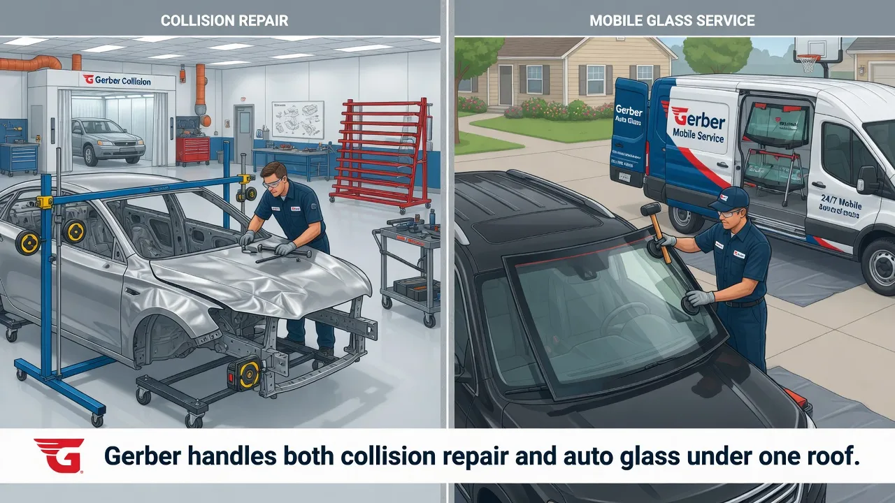 Split-panel professional illustration showing two Gerber services side by side. Left panel: a technician using collision repair tools on a crumpled qu...
