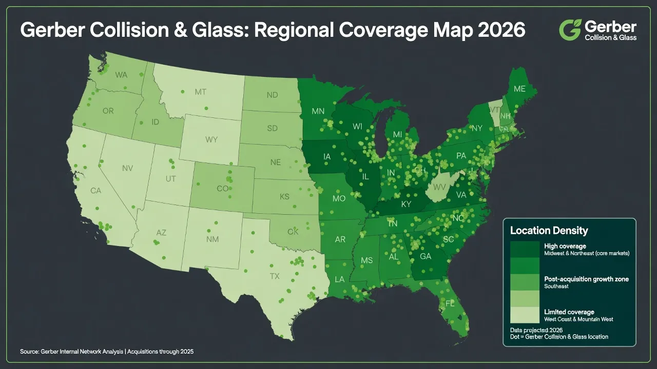 United States map with a heat map overlay showing Gerber Collision & Glass location density by region. Midwest and Northeast regions shaded darkest gr...