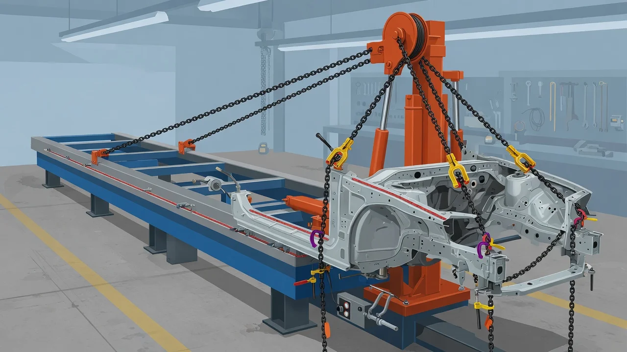 Unibody frame straightening machine pulling on a car chassis