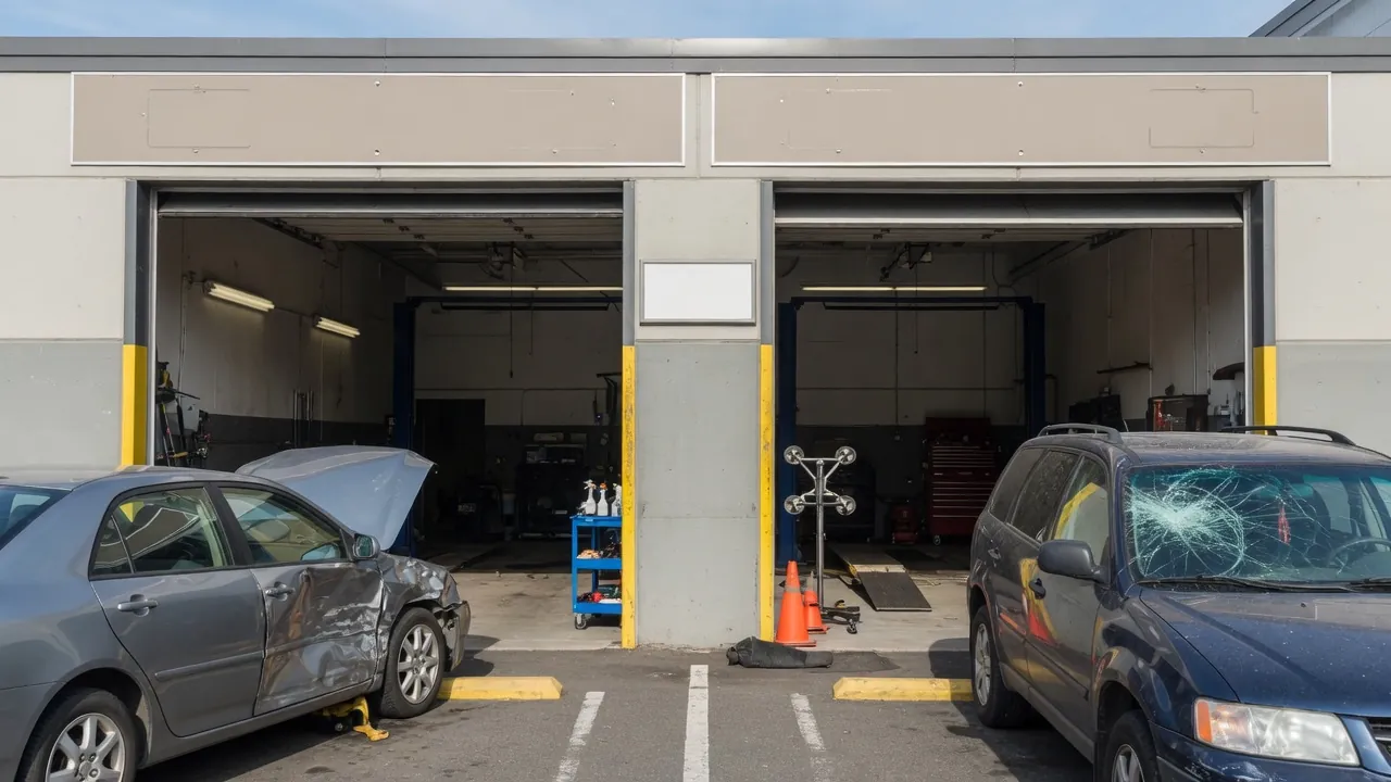 Two collision repair shop service drives side by side with damaged cars waiting for estimates