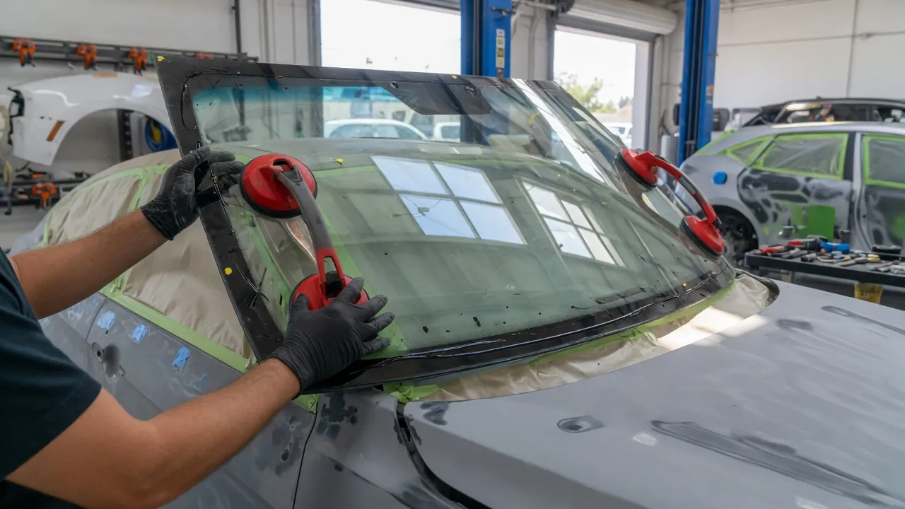 Technician installing a new windshield on a car inside a collision repair bay
