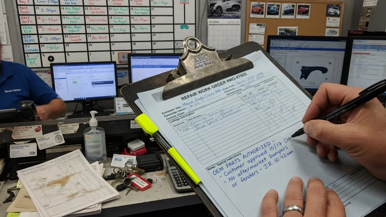 Close-up of a repair work order document on a clipboard on a body shop service desk. A hand is writing 'OEM parts authorized' in the notes section. Th...