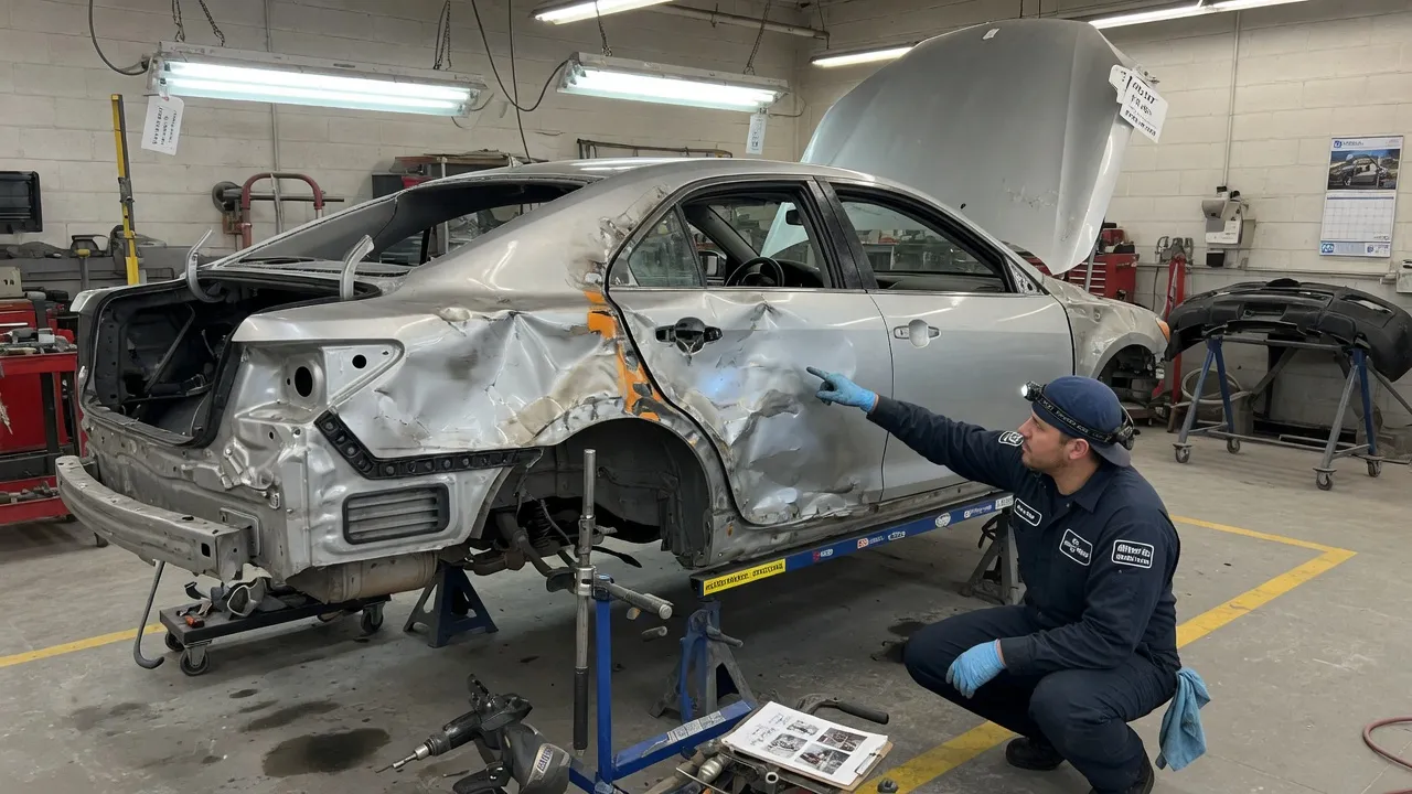 A collision repair technician in blue coveralls examining the underside of a damaged front quarter panel on a silver sedan in a well-lit body shop. Th...