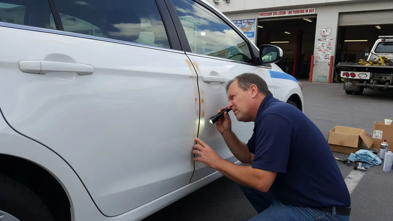 A car owner inspecting the paint panel gap between a repaired front door and the front quarter panel on a white sedan in a body shop parking lot. The ...