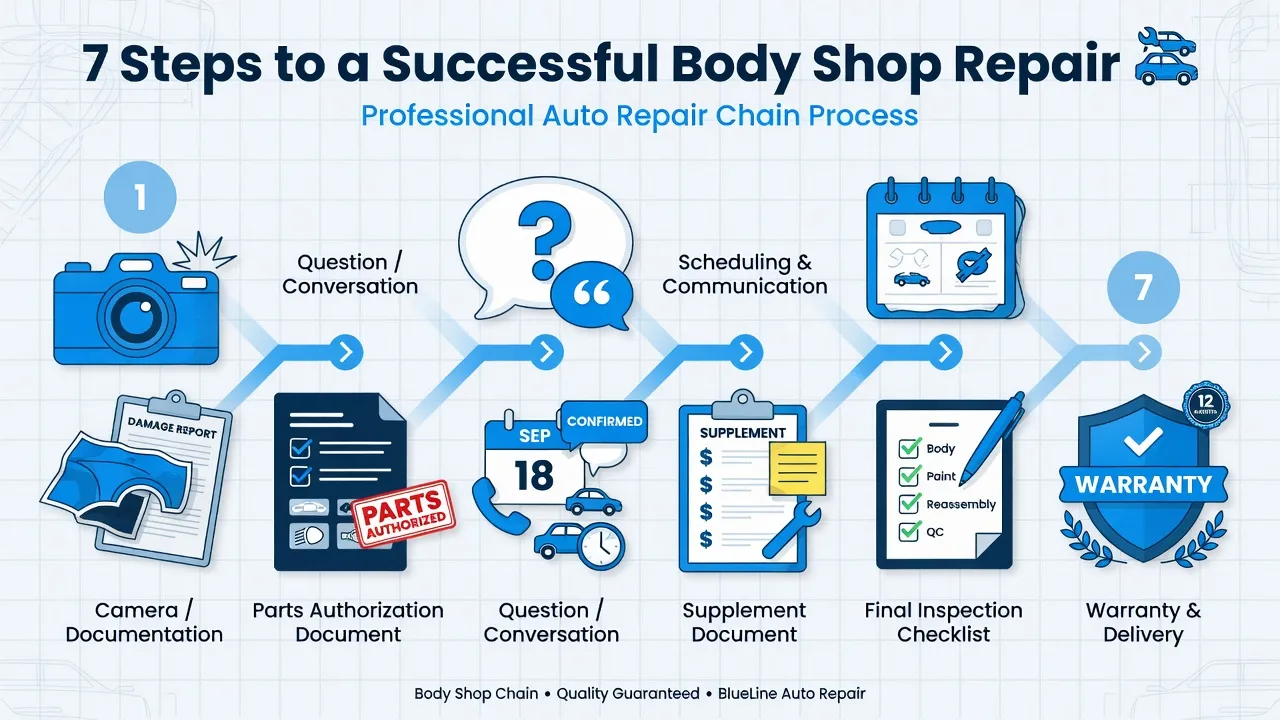 Infographic-style flat design illustration showing the 7 steps of a successful body shop chain repair: 1) Camera/documentation icon, 2) Parts authoriz...