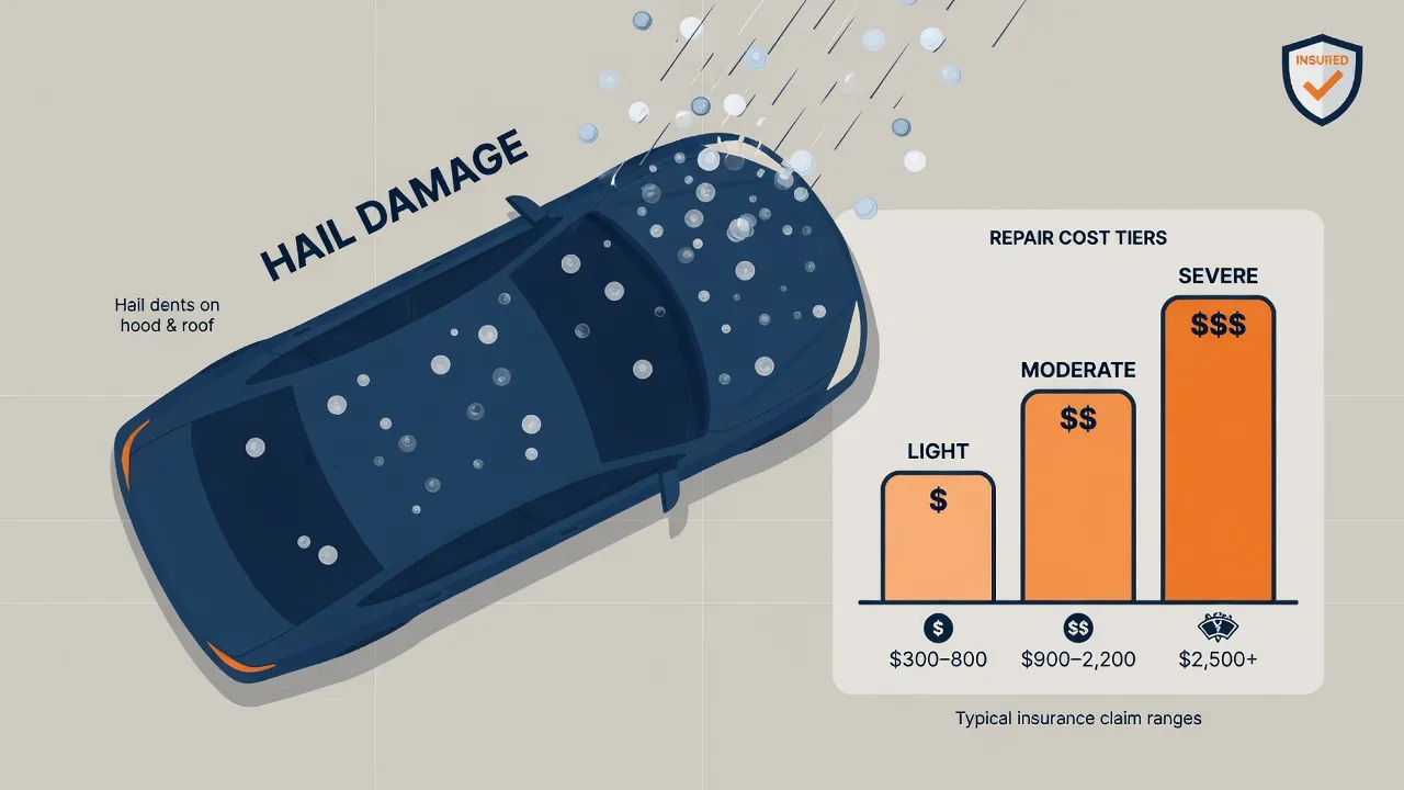 Infographic showing hail damage on a car and repair cost tiers with insurance considerations