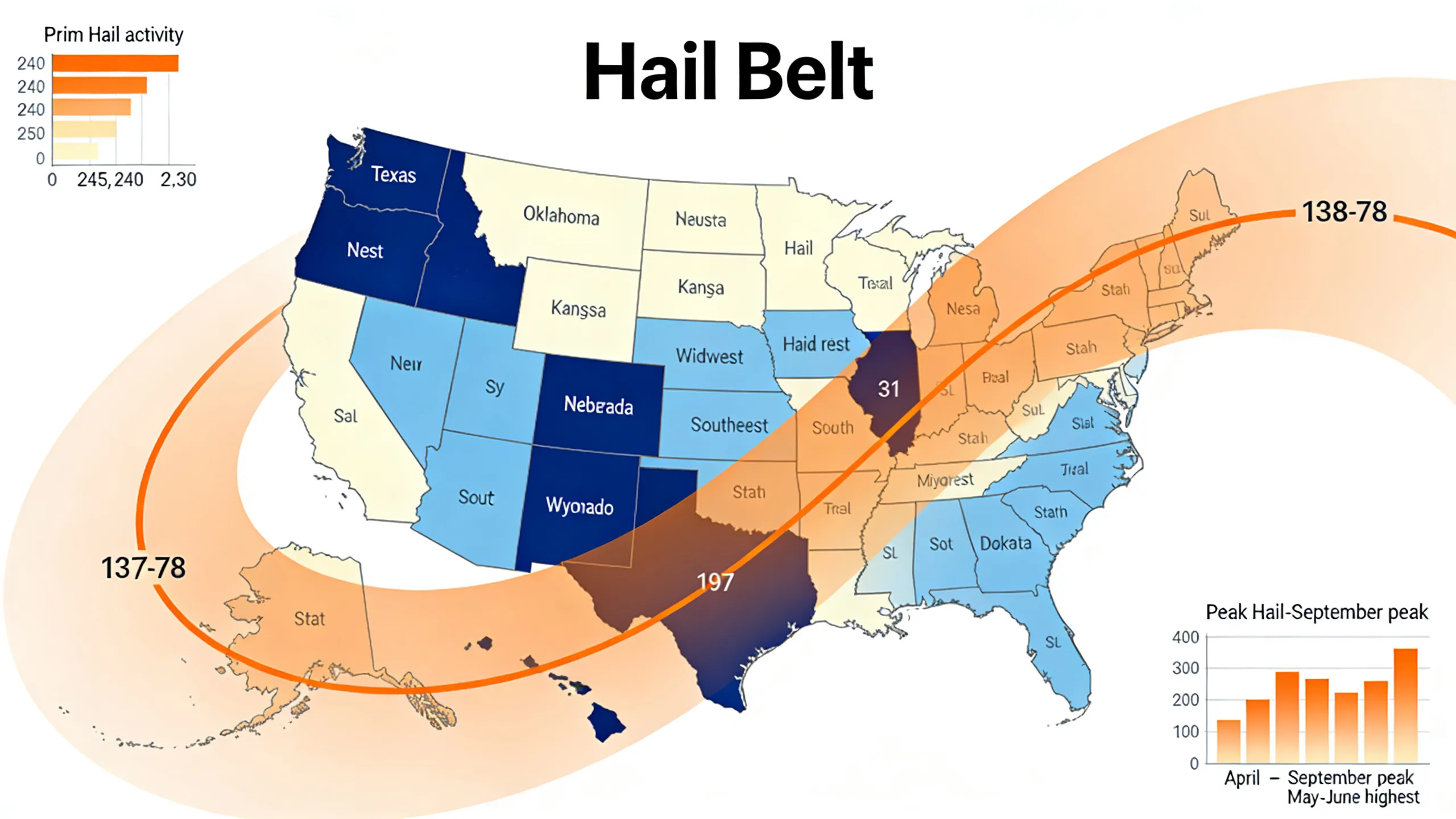 US hail belt map showing states most affected by hail damage with seasonal timing