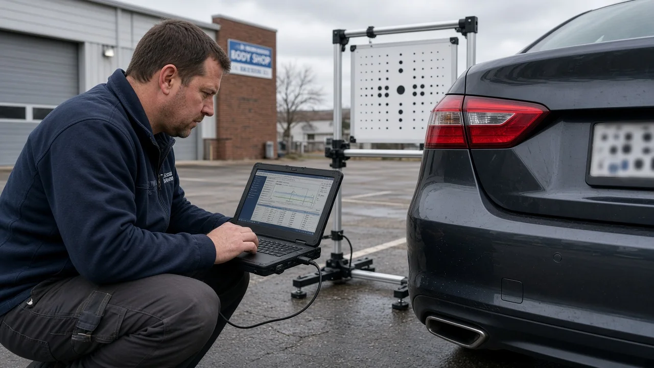 Mobile ADAS calibration technician working with portable equipment outside a body shop
