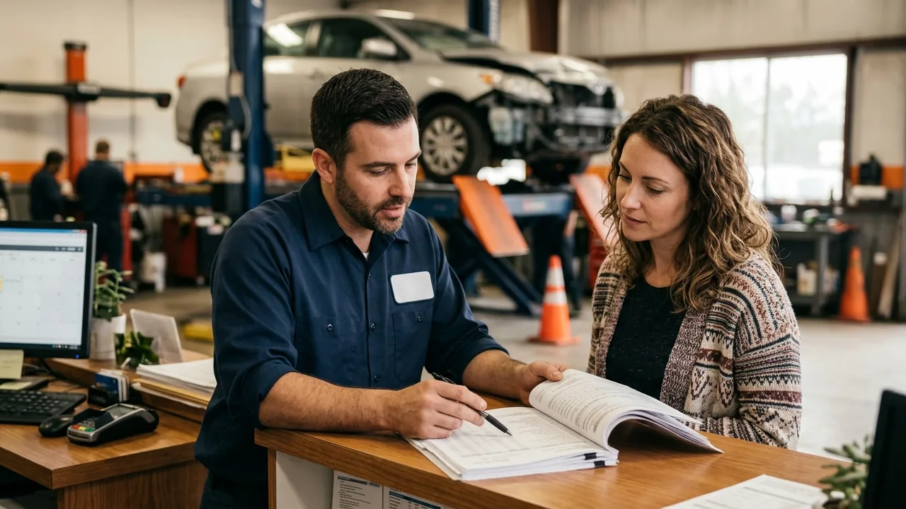 Car owner and body shop technician reviewing a printed insurance repair estimate together at the shop counter
