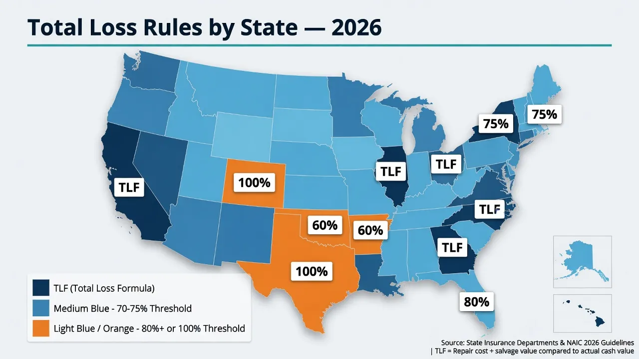 A US map infographic showing total loss threshold rules by state. States color-coded into three categories: 1) Dark blue = TLF (Total Loss Formula) st...