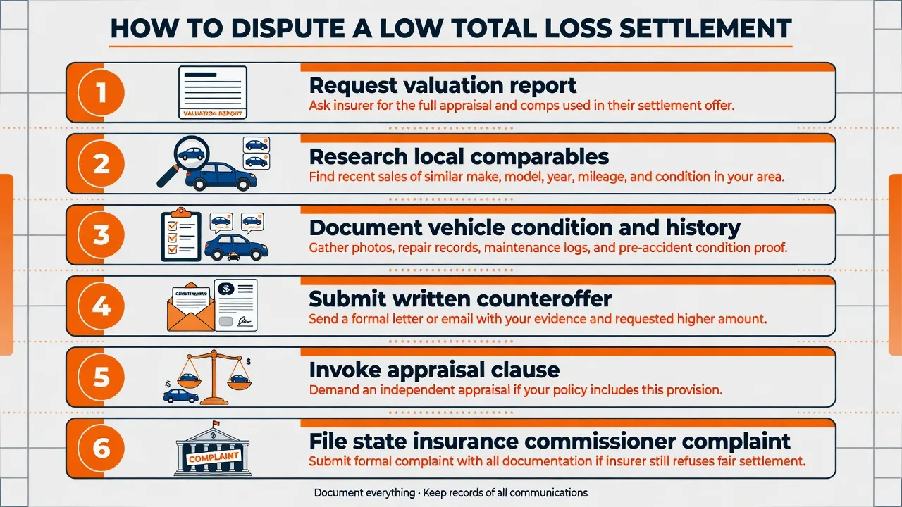 A vertical step-by-step checklist graphic titled 'How to Dispute a Low Total Loss Settlement.' Six numbered steps with icons: Step 1 — Request valuati...