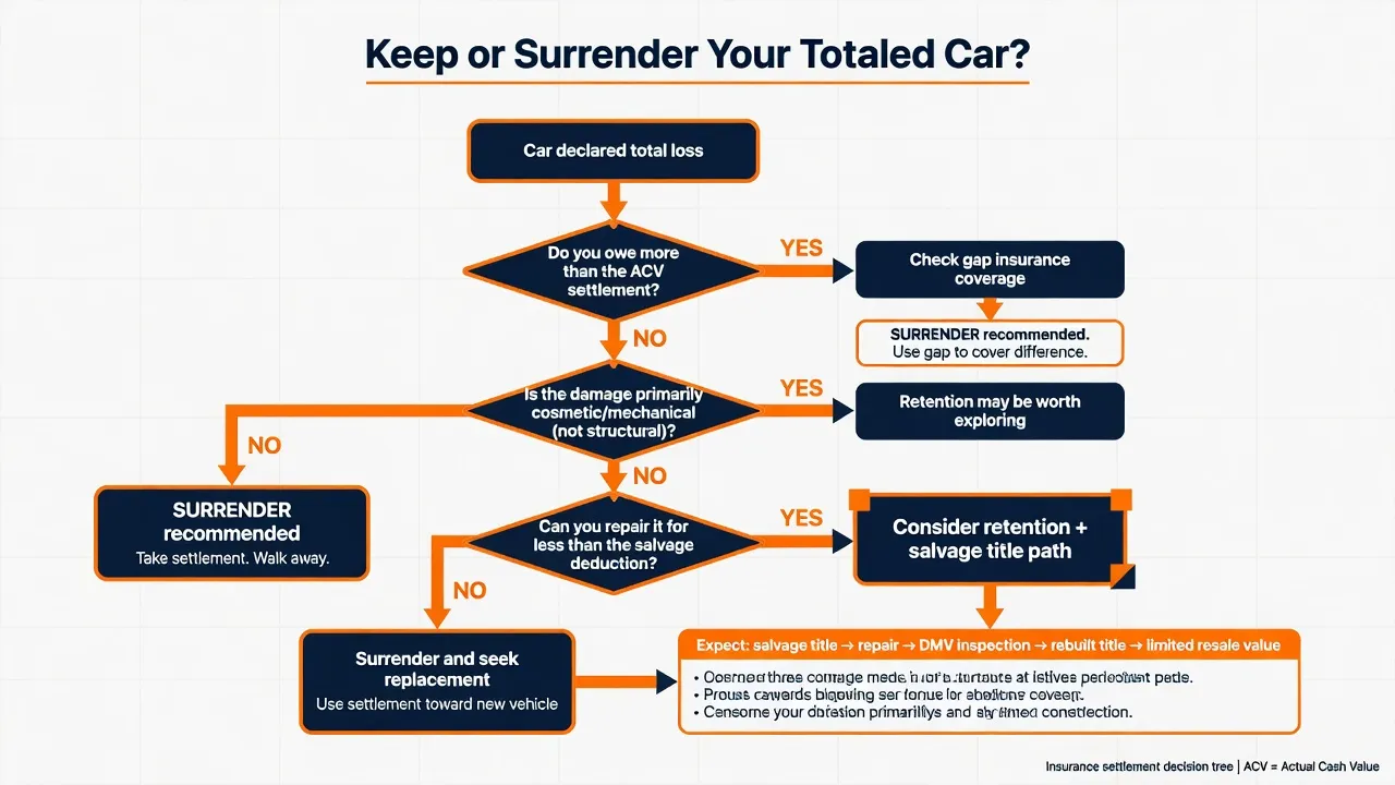 A decision-tree flowchart titled 'Keep or Surrender Your Totaled Car?' Starting node: 'Car declared total loss.' First branch: 'Do you owe more than t...