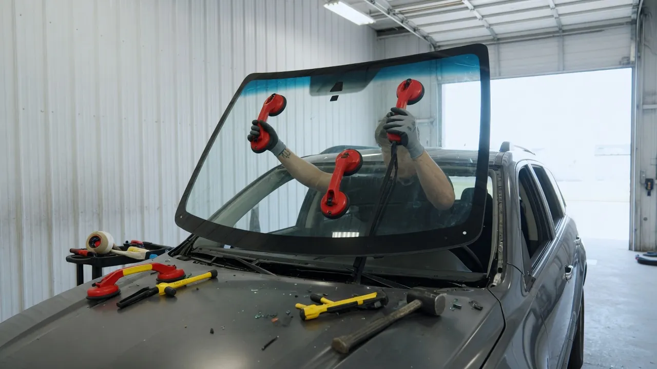 Auto glass technician fitting a new windshield onto an SUV in a service bay
