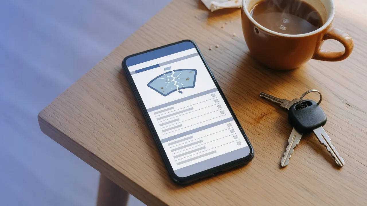 Smartphone showing a windshield glass claim form on a table beside car keys