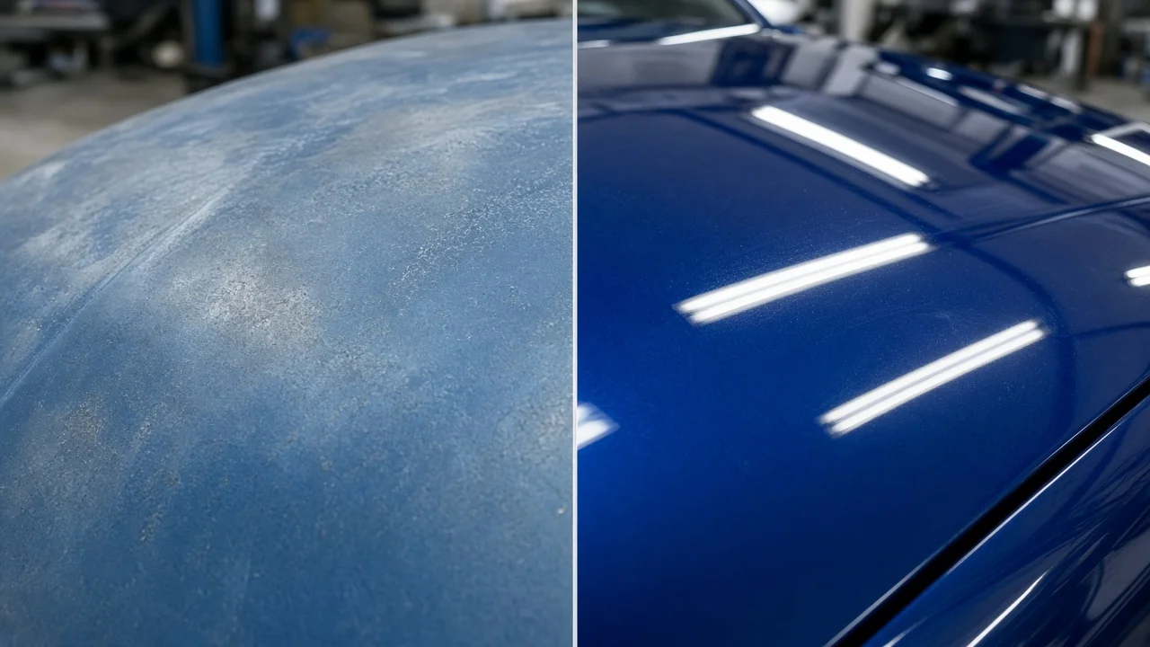Side by side comparison of single-stage flat paint versus glossy base coat clear coat finish on car panels