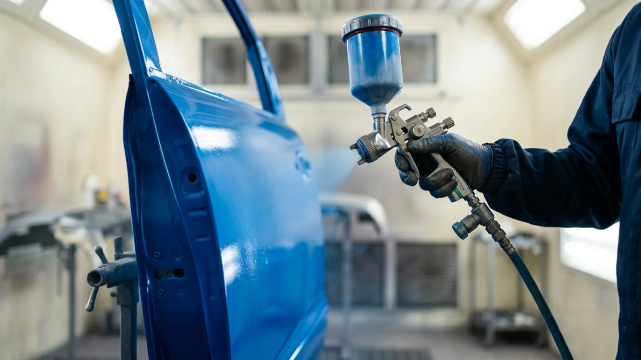 Technician applying blue base coat to a car door panel with a spray gun