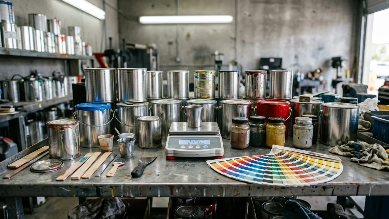 Automotive paint mixing station with cans, scale and color swatch deck