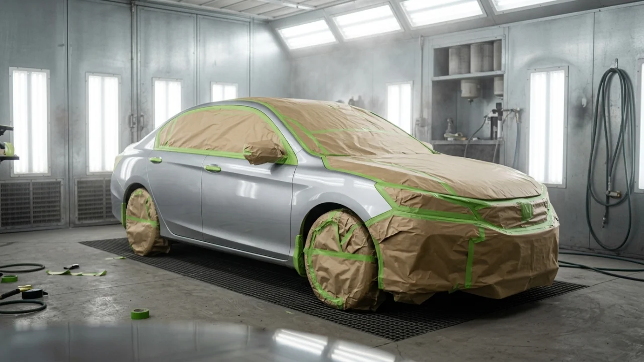 Sedan masked with paper and tape prepped for repainting in a paint booth