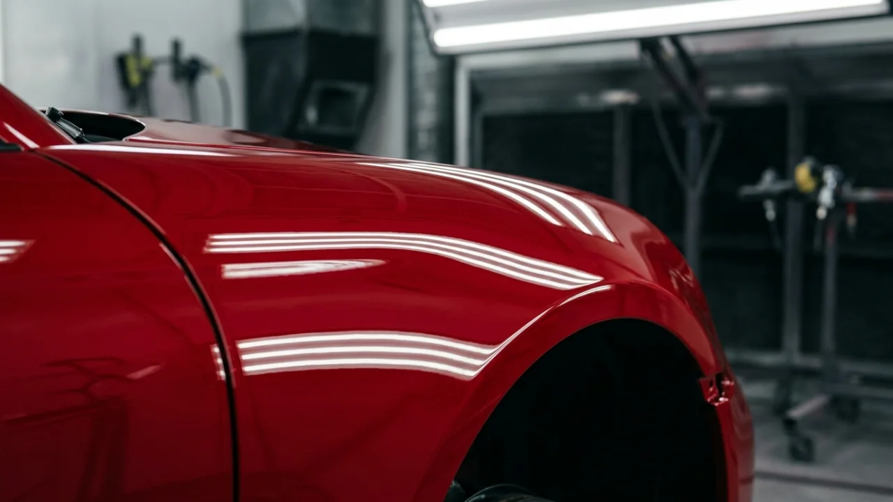 Freshly painted glossy red fender under paint booth inspection lights
