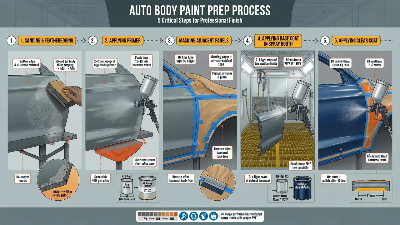 A detailed, educational infographic-style illustration showing the steps of professional auto body paint prep work: (1) sanding and featheredging a pa...