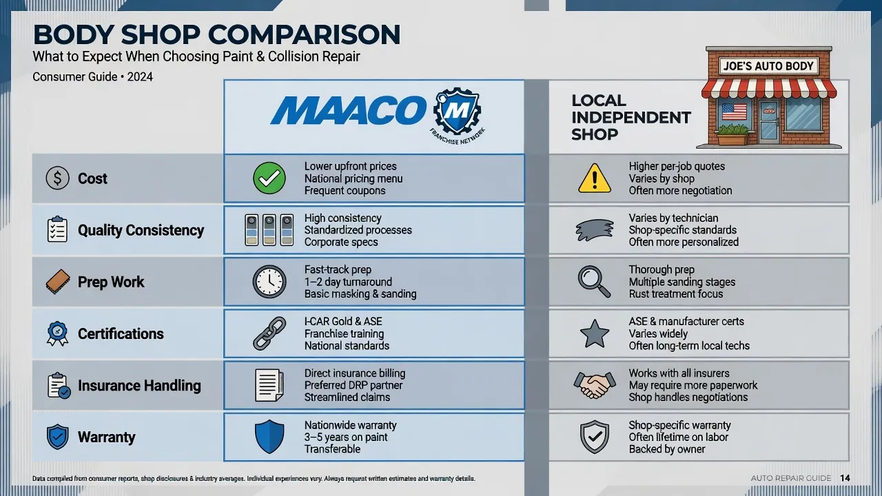 A clean, modern infographic comparison graphic in a magazine-style layout. Left column labeled 'Maaco' with a stylized franchise icon. Right column la...