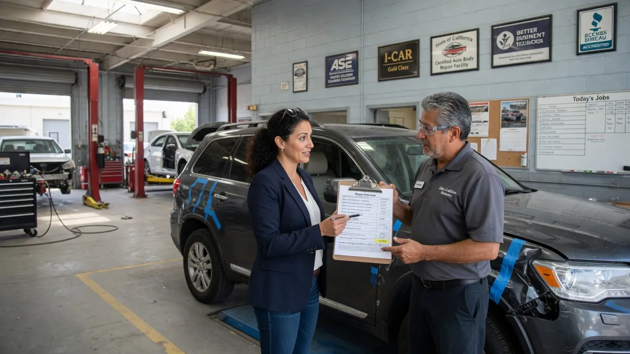 A photorealistic image of a car owner and a body shop estimator standing together beside a vehicle in a well-lit auto body shop, reviewing a printed r...