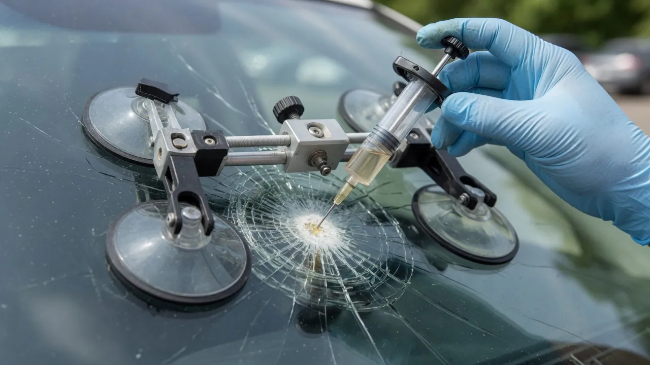 Gloved technician using a suction-mounted resin repair bridge over a windshield impact point