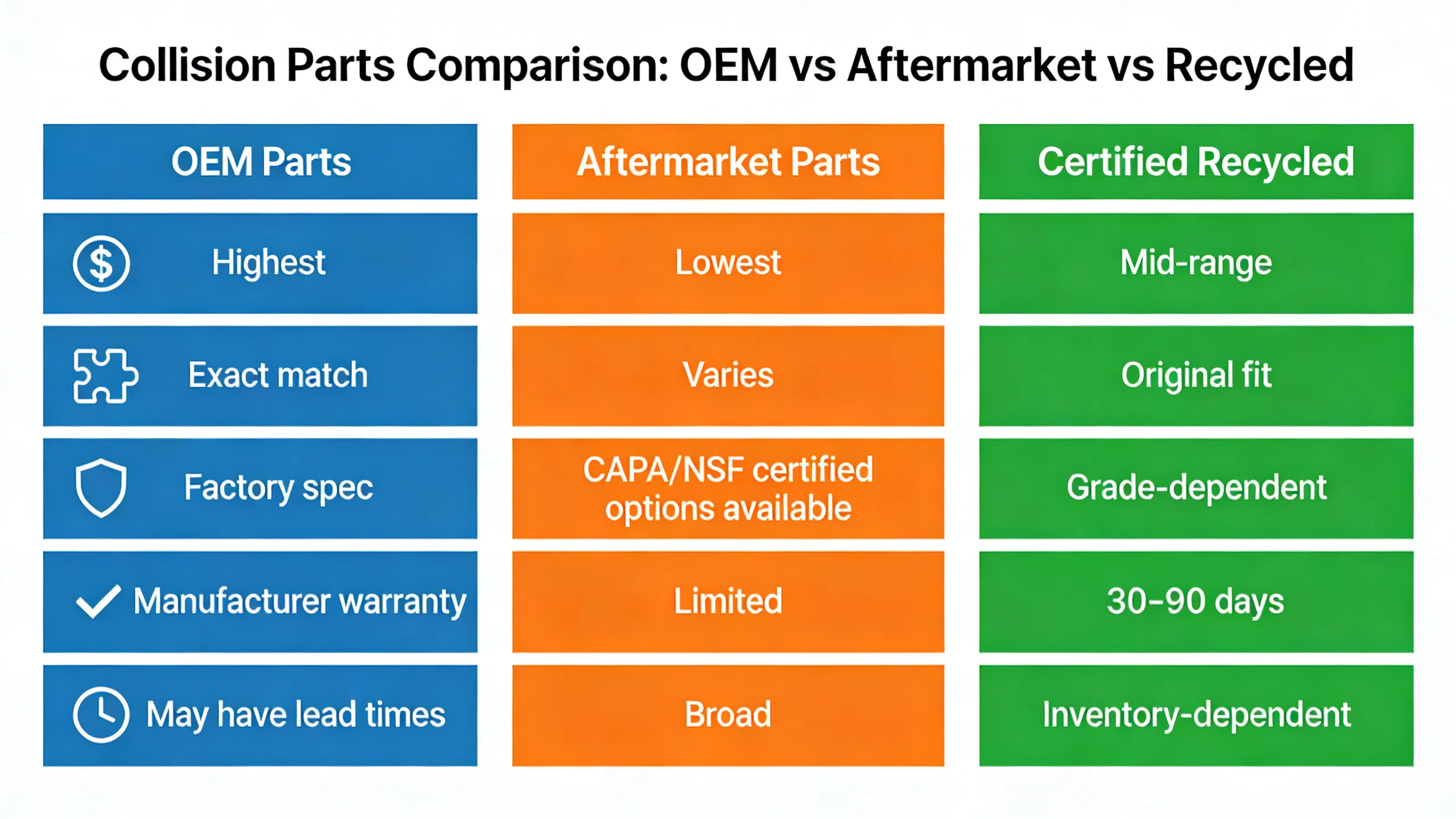 Three-column comparison chart showing OEM vs aftermarket vs certified recycled parts across price, quality, fit, warranty, and availability