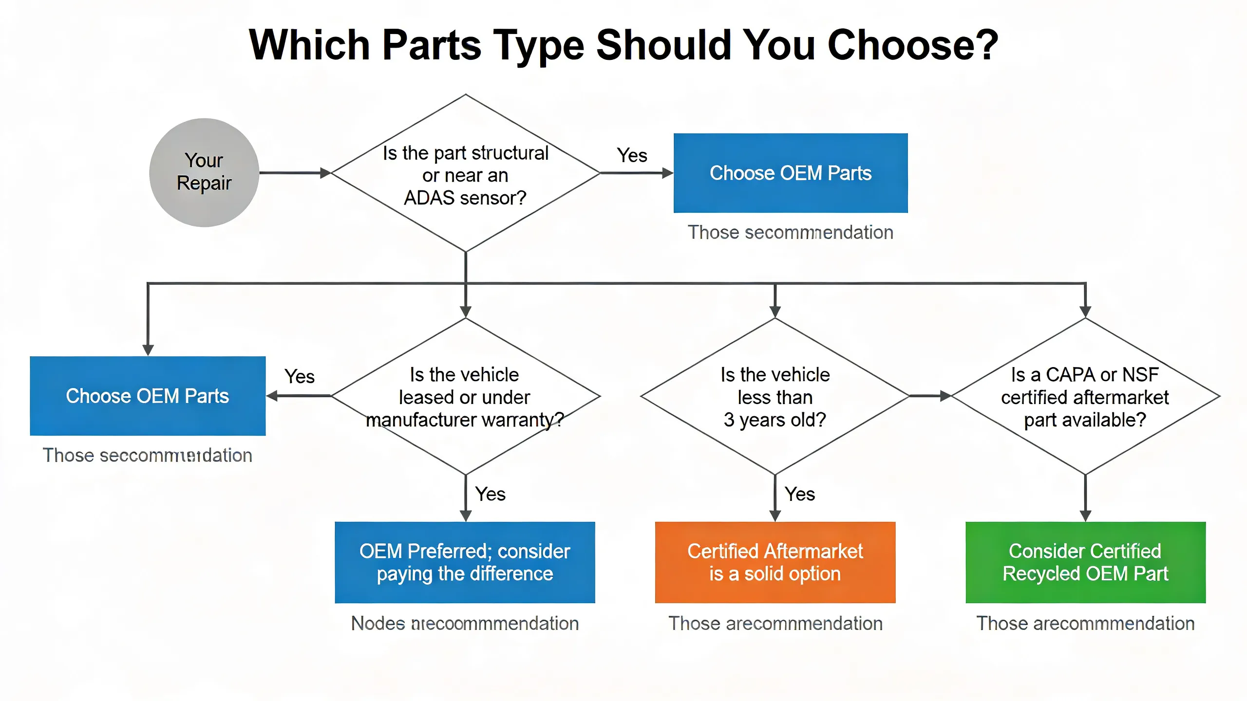 Decision flowchart helping car owners choose between OEM, aftermarket, and certified recycled parts based on vehicle age, lease status, safety component type, and budget