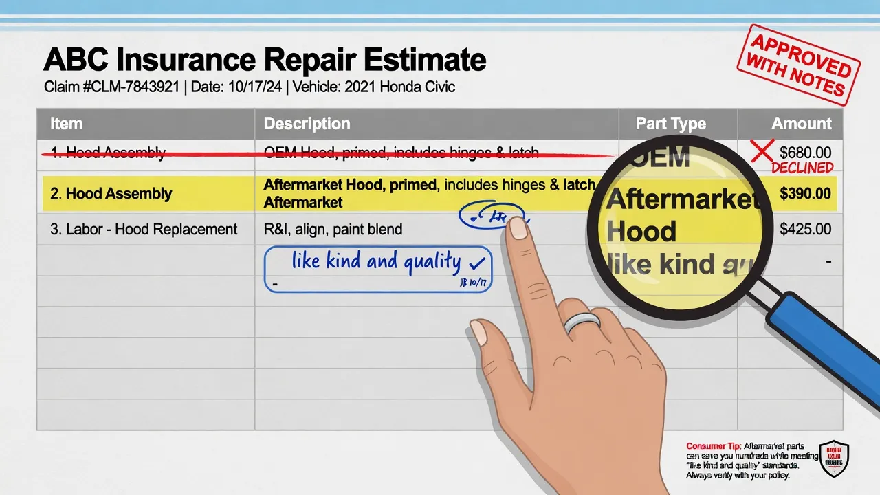 An insurance repair estimate document showing three line items: one for an OEM hood listed at $680 with a strikethrough, replaced by an 'Aftermarket H...