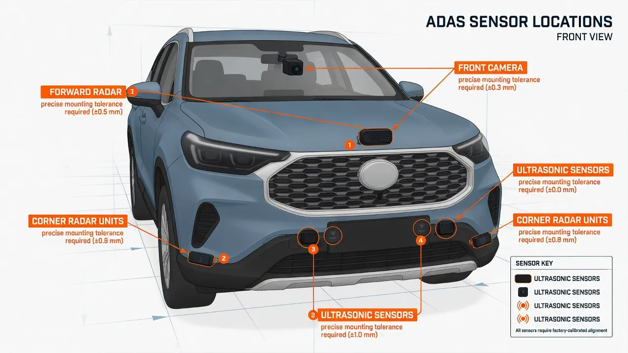 A technical diagram showing the front of a modern SUV (generic/illustrative) with ADAS sensor locations highlighted: forward radar behind the grille e...