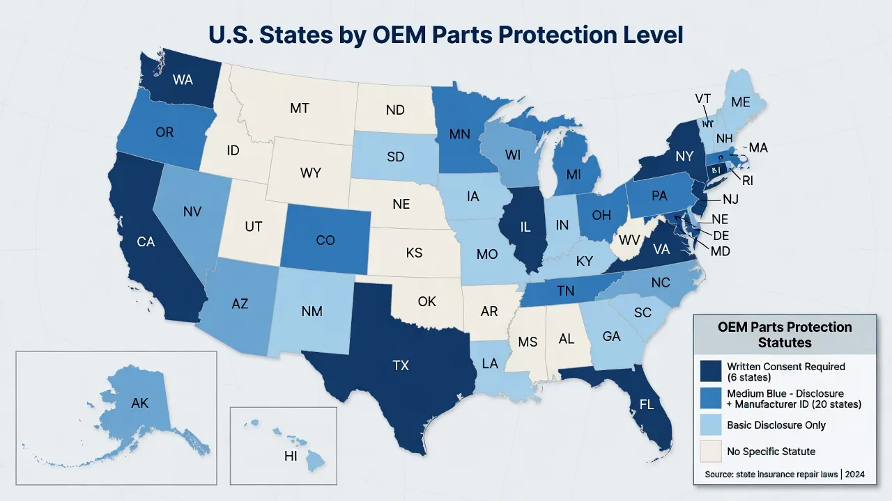 A map of the United States showing states color-coded by OEM parts protection level. Three tiers: dark blue for states requiring written consent (6 st...