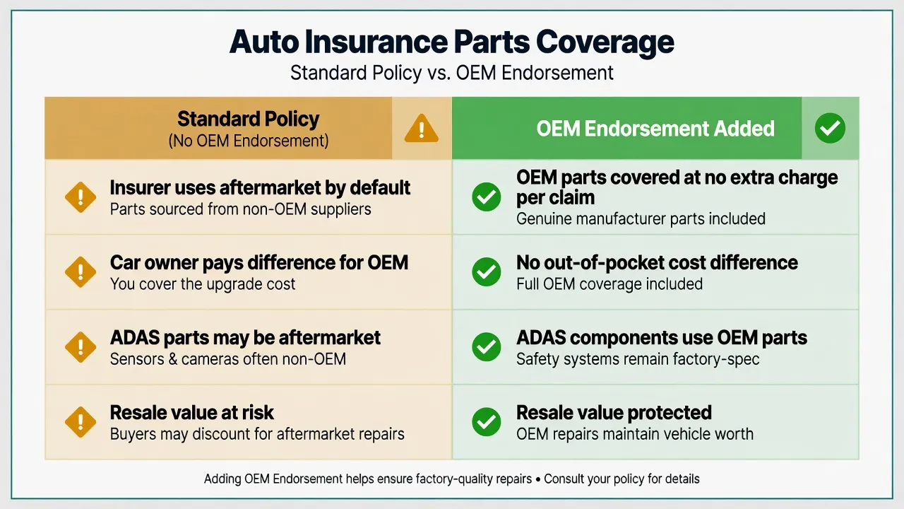 A side-by-side comparison table illustrated as a visual graphic. Left column header: 'Standard Policy (No OEM Endorsement)' with bullet points: 'Insur...