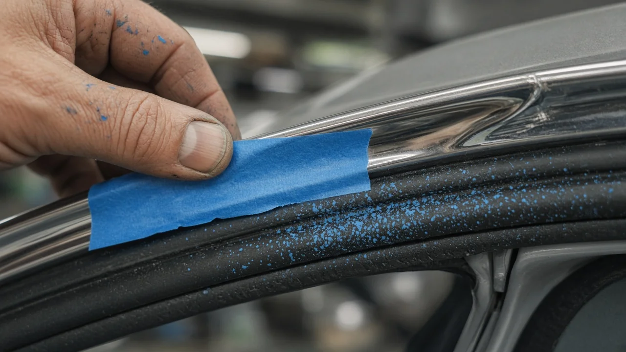 Close-up of masking tape on car door trim with visible overspray on rubber seal
