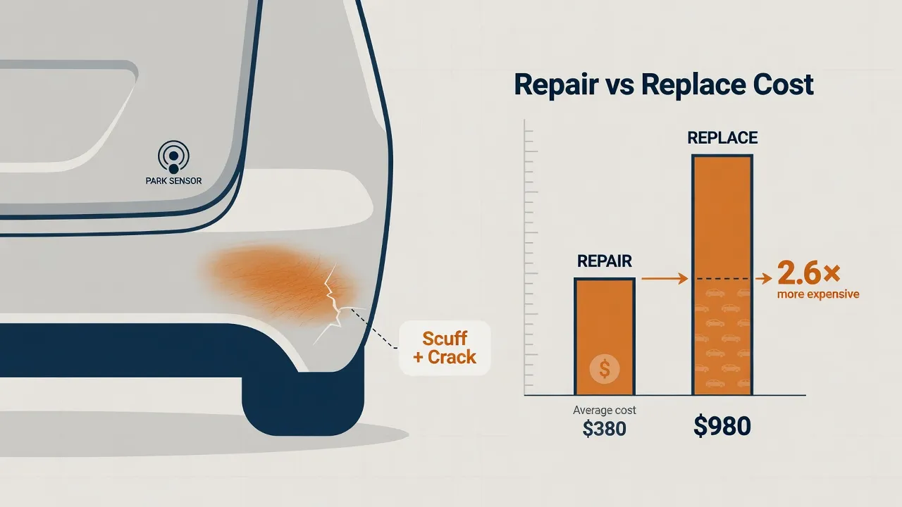 Infographic comparing plastic bumper repair versus replacement cost in 2026
