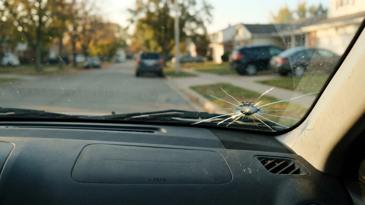 Cracked windshield being inspected by a technician with Progressive insurance paperwork