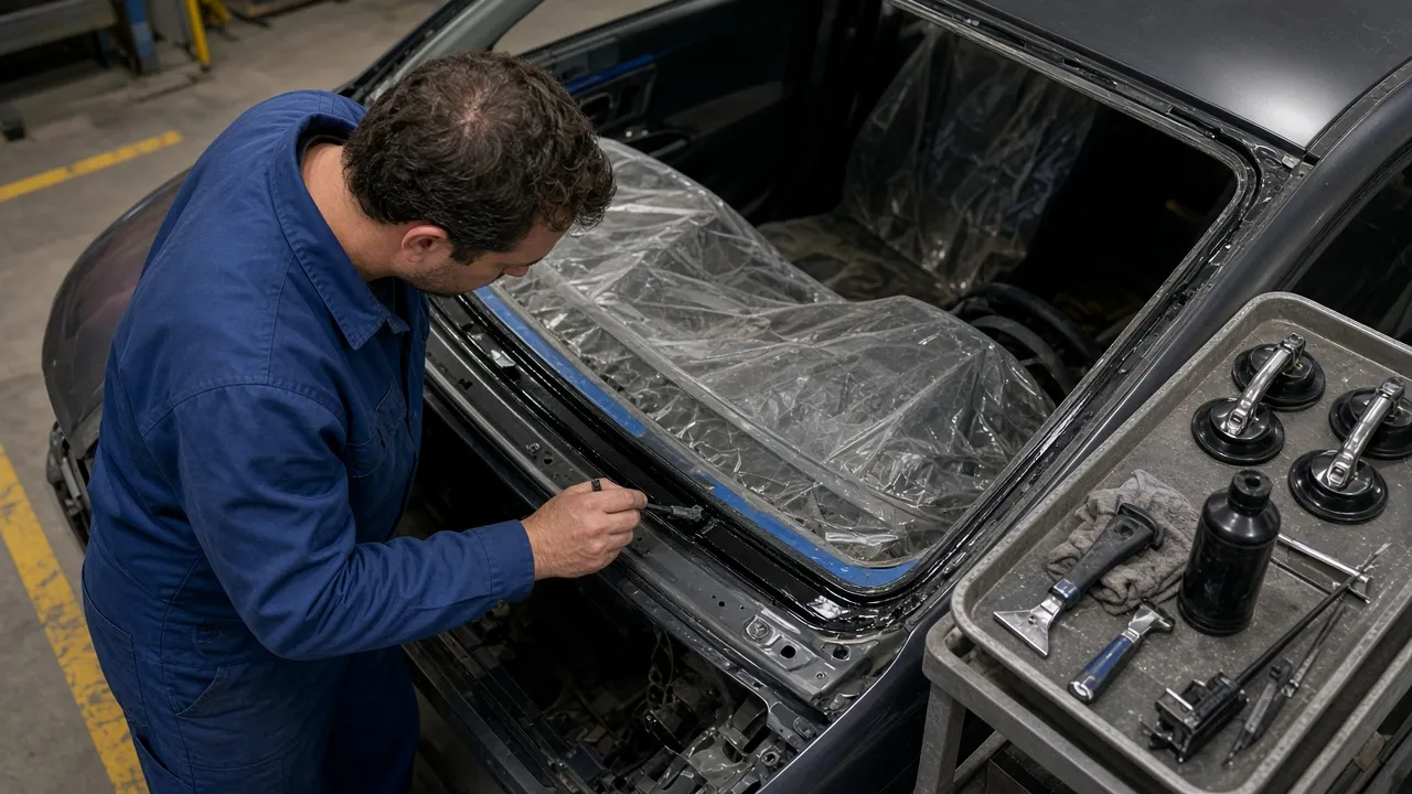 Auto glass technician applying primer to a car frame during windshield replacement