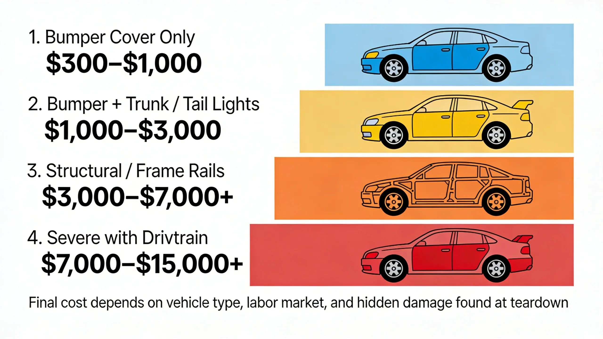Cost escalation chart showing how rear-end collision repair costs increase from bumper-only damage through structural and drivetrain damage