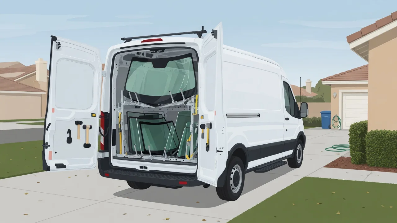 Mobile auto glass service van with windshield racks in a driveway