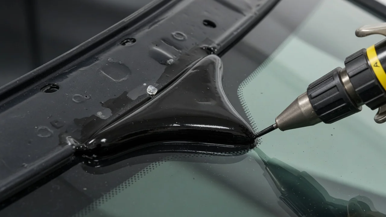 Urethane adhesive bead applied along a car windshield frame